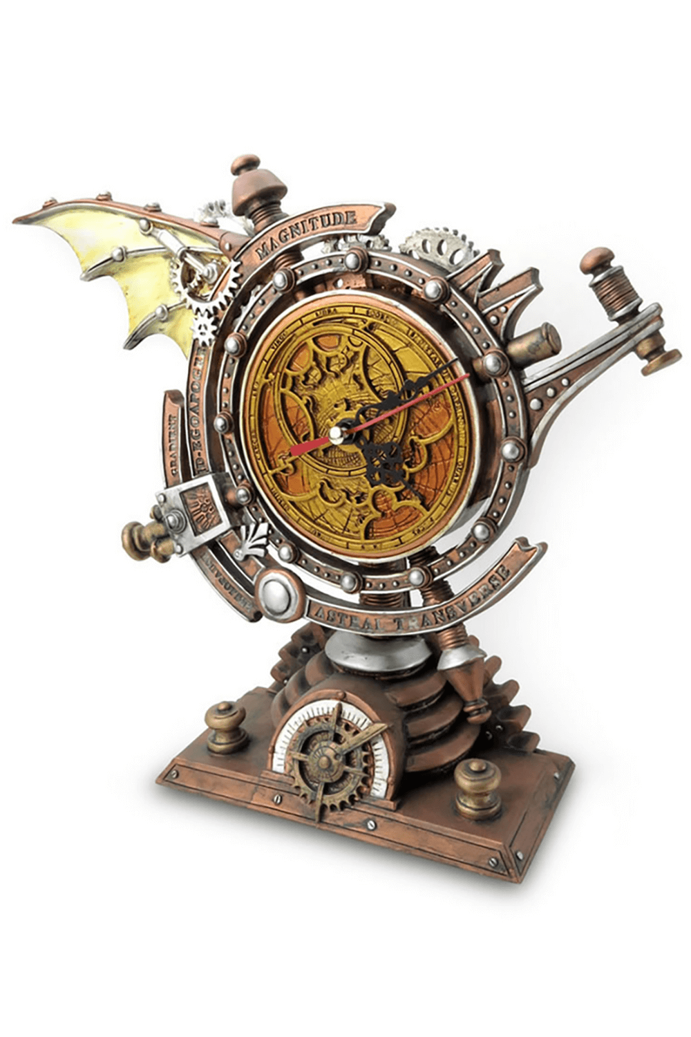 Steampunk celestial chronometer clock with gears, wings, and antiqued metallic finish on a desk.