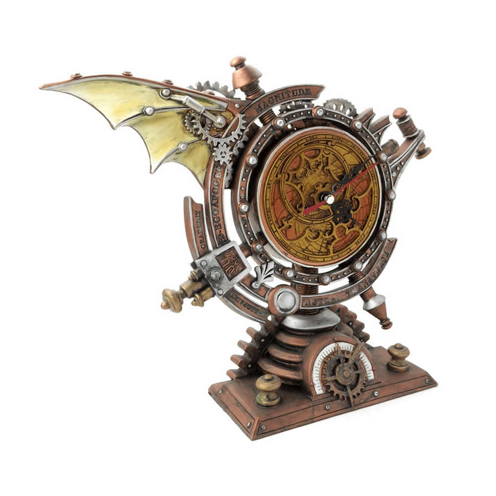 Steampunk celestial chronometer clock with intricate gears and winged design, crafted in antique style.