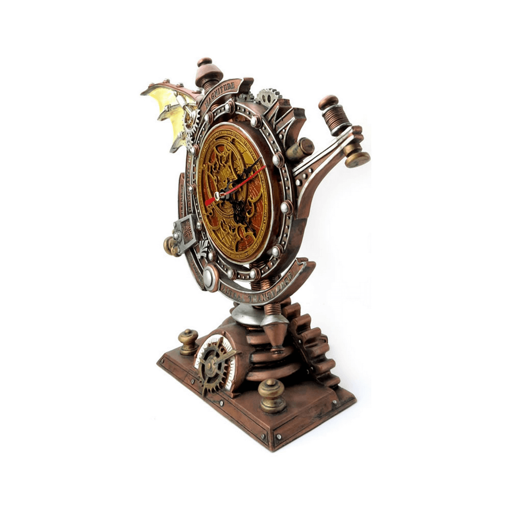 Steampunk celestial chronometer clock featuring intricate gears and wings, crafted from cast resin with an antique finish.