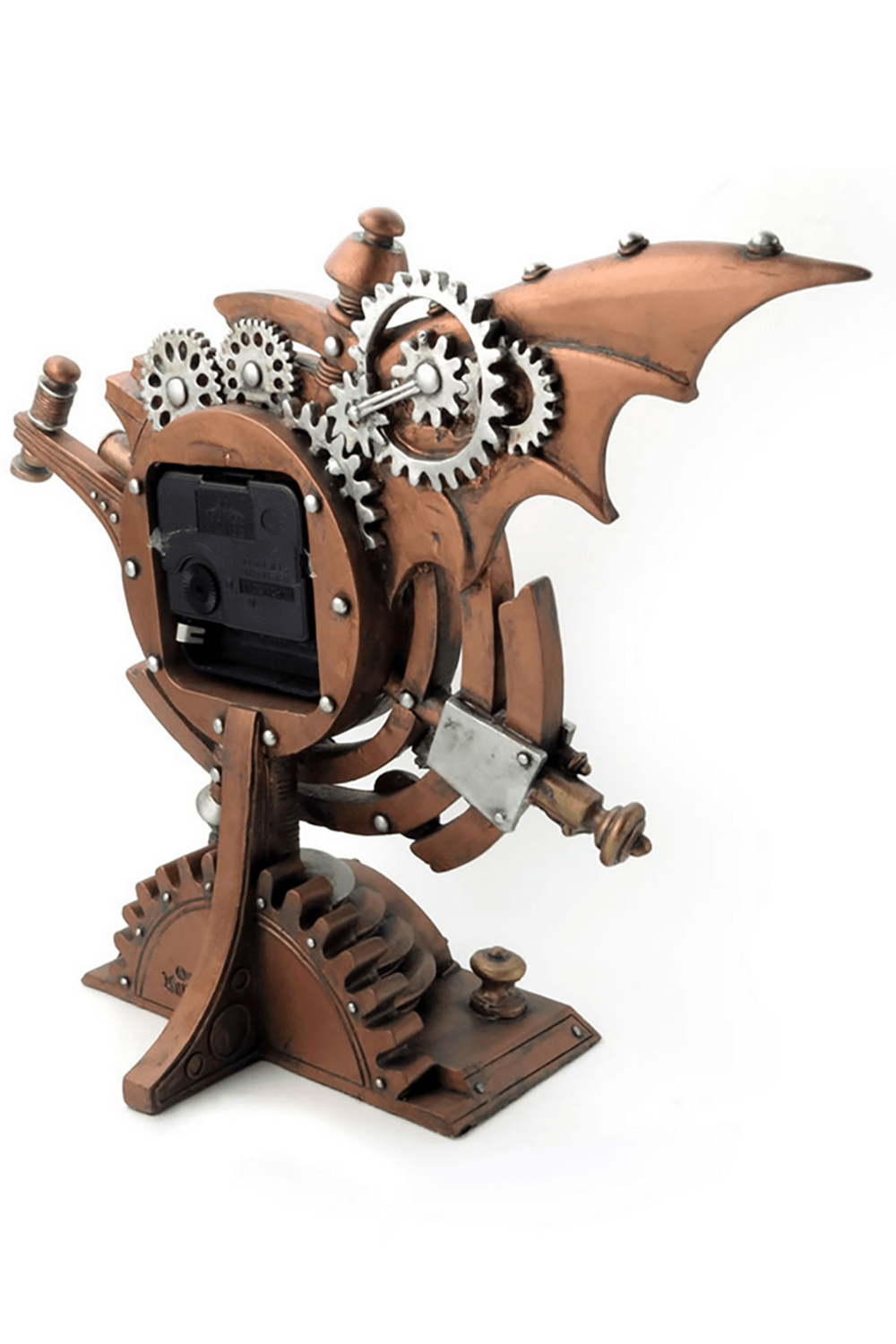 Steampunk celestial chronometer clock with gears and wings, showcasing intricate design and hand-painted finish.