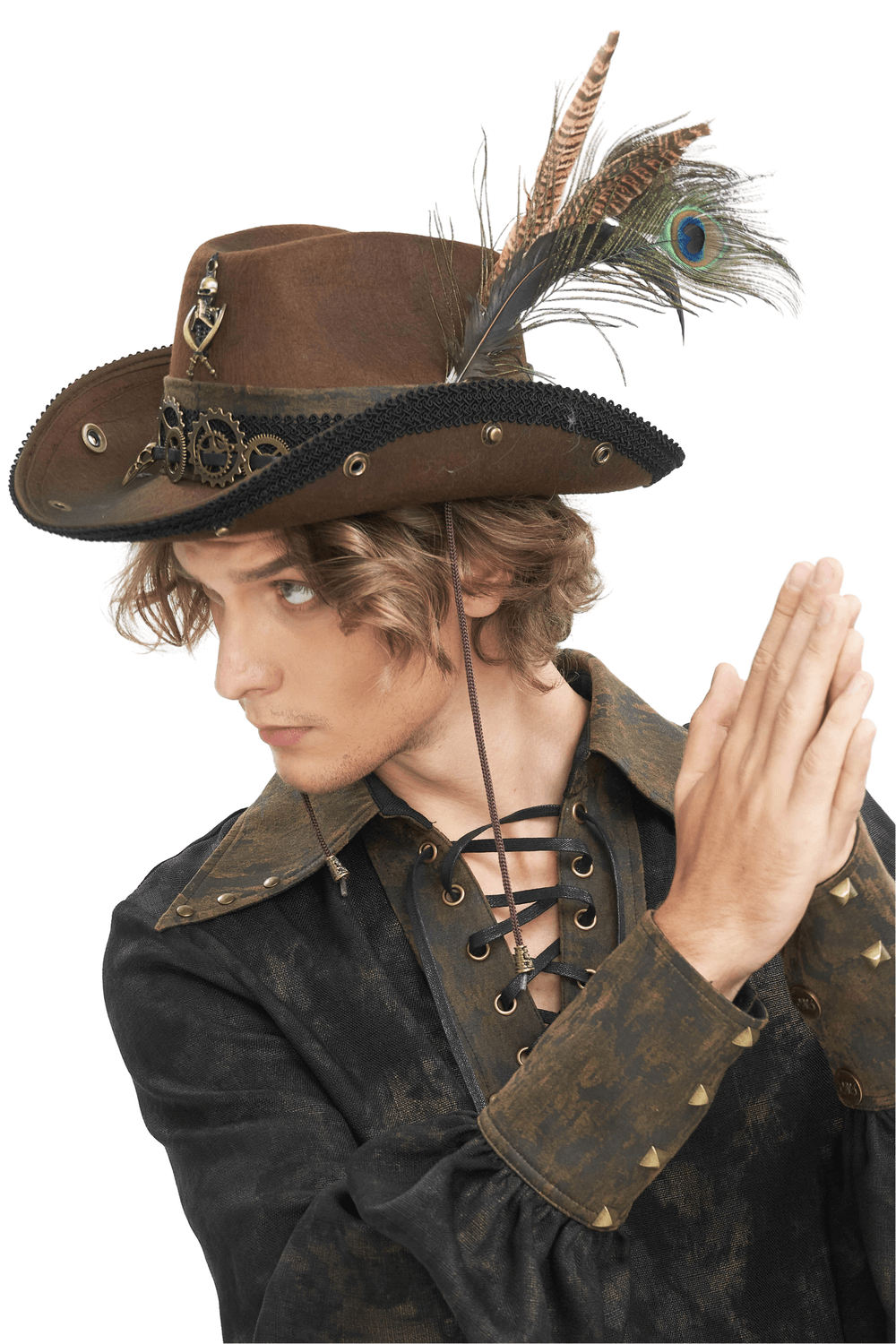 Model wearing a Steampunk chic brown hat adorned with gears and feathers, paired with a vintage-inspired outfit.