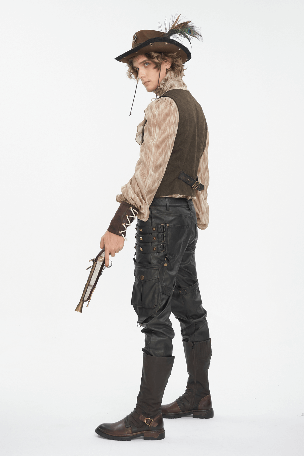 Steampunk-style model wearing a vintage brown hat with feathers and holding a pistol, showcasing unique outfit details.
