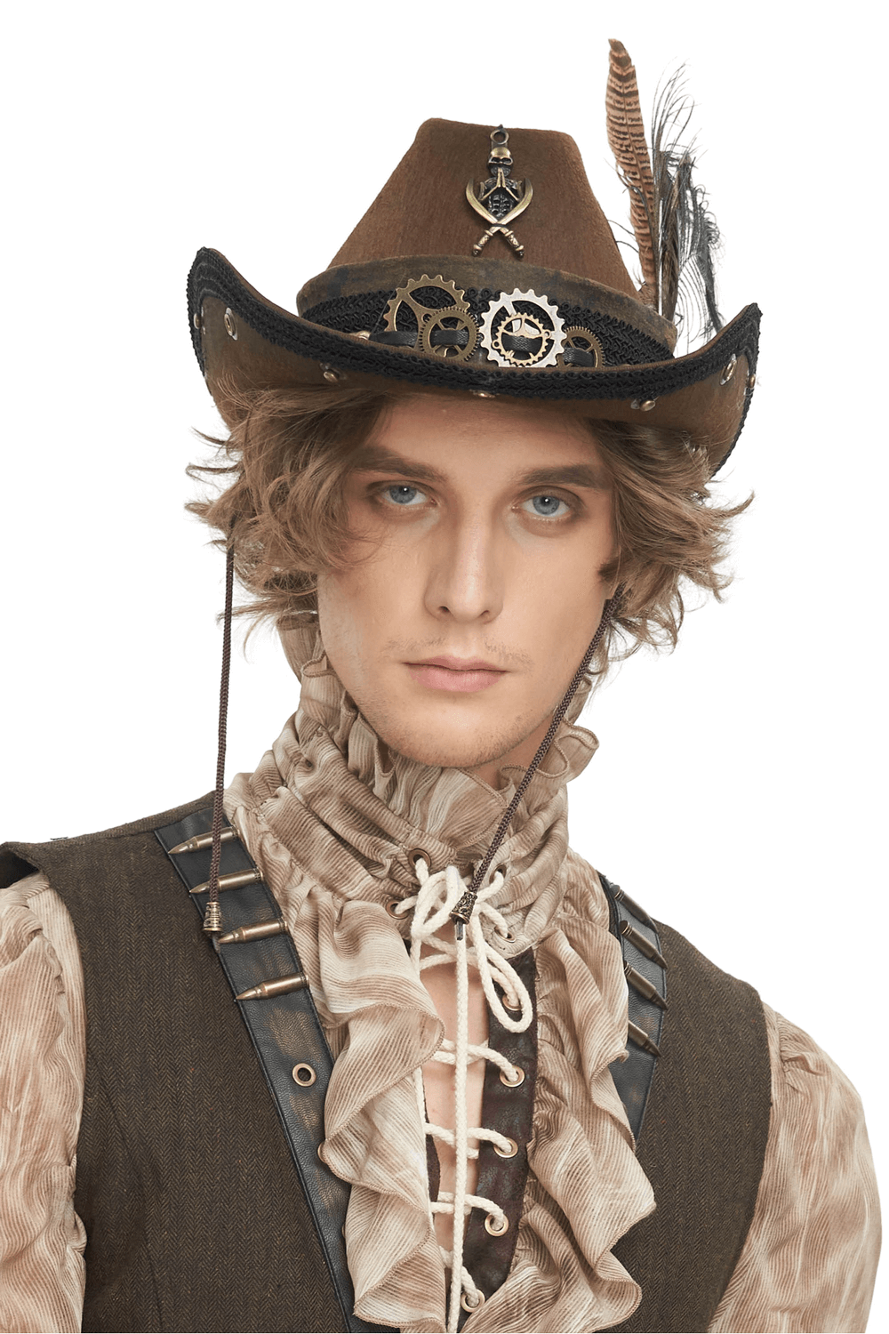 Steampunk chic brown hat featuring gears and feathers, worn by a model in vintage-inspired attire.