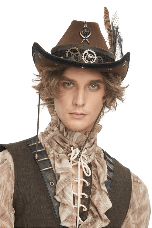 Chapeau Steampunk Chic Marron avec Engrenages et Plumes