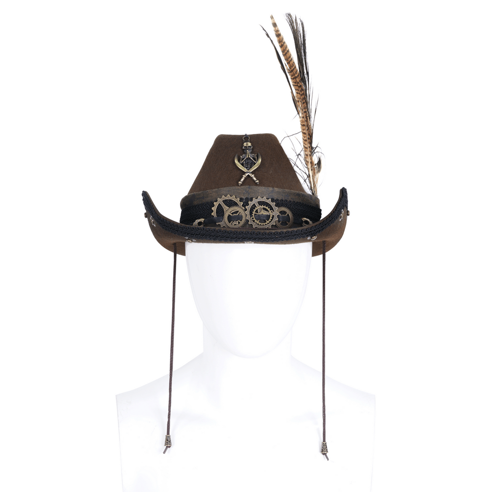 Steampunk Chic Brown Hat with Gears and Feathers