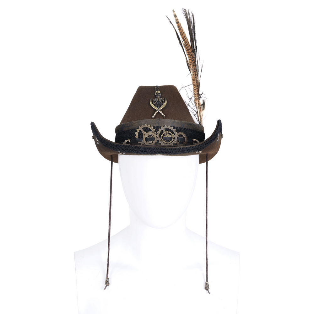 Steampunk chic brown hat featuring gears and feathers, perfect for themed events and vintage fashion.