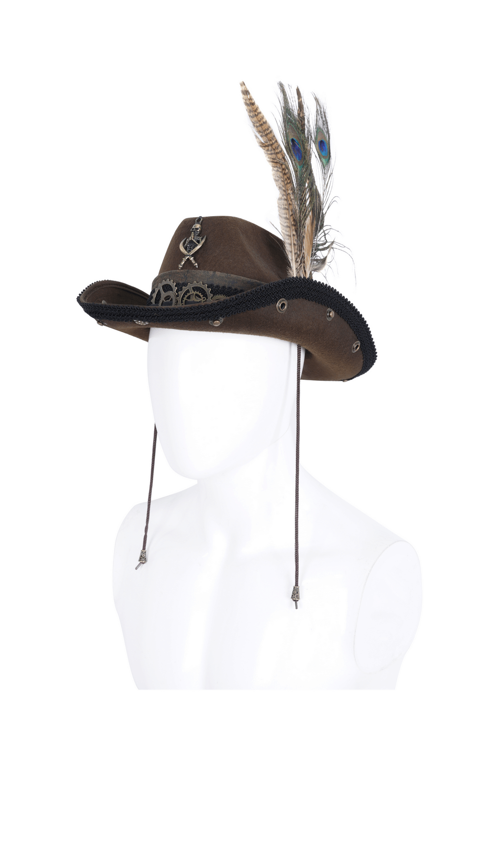 Vintage-inspired steampunk chic brown hat with gears and peacock feathers for a stylish accessory.