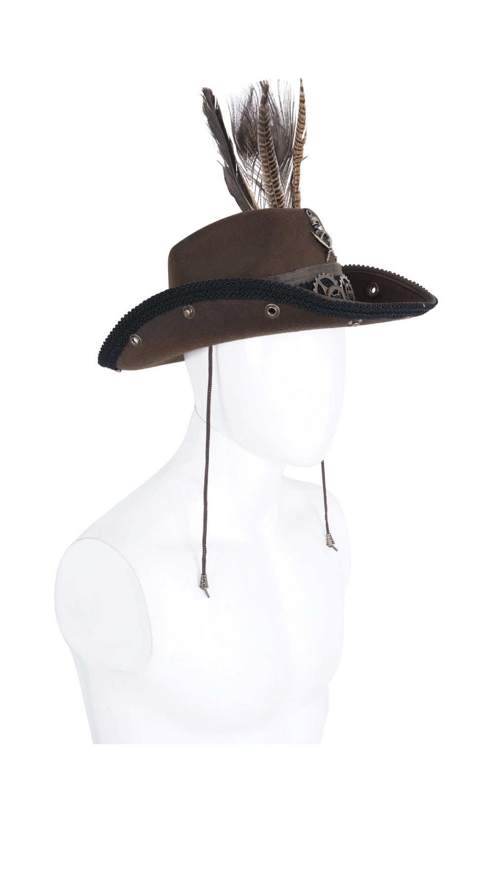 Steampunk chic brown hat with gears and feathers, perfect for vintage style and themed events.