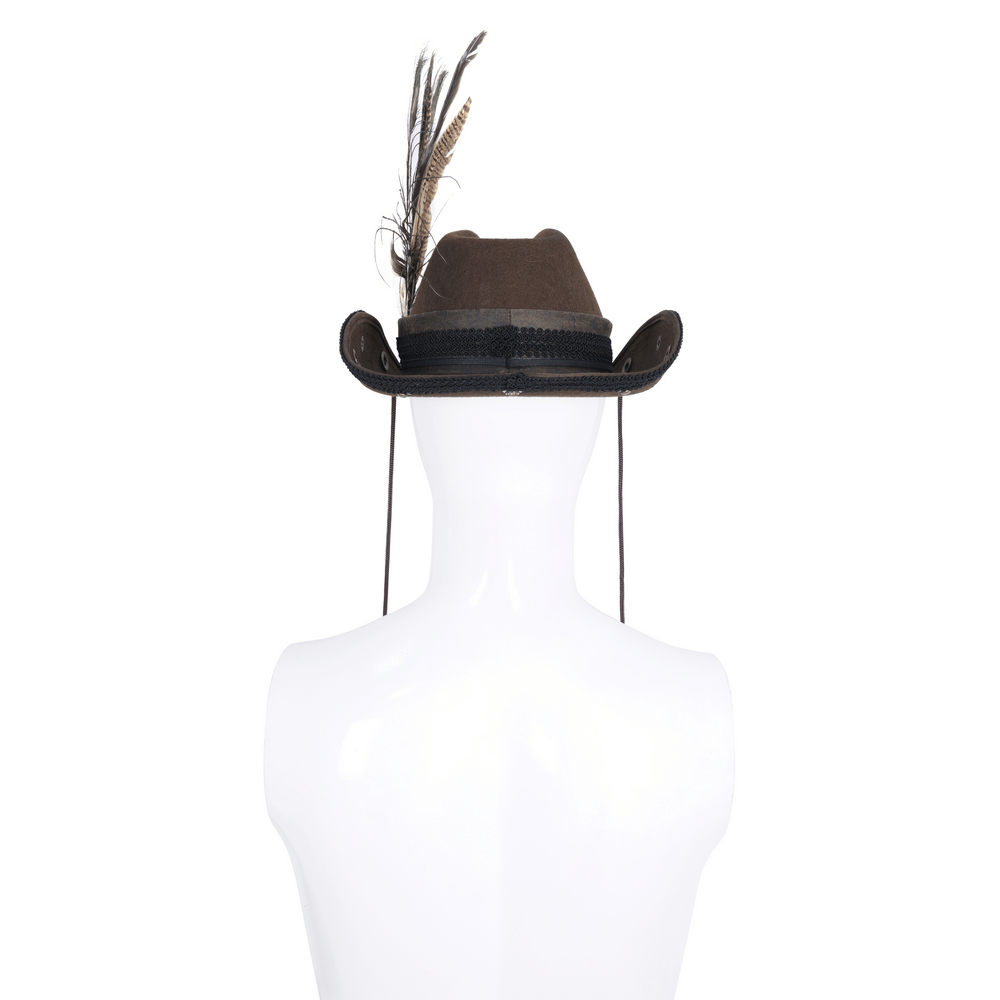 Back view of a vintage-inspired brown steampunk hat with feathers and gears for unique fashion.