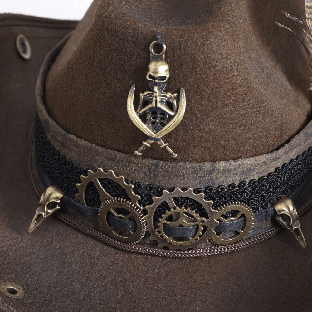 Close-up of Steampunk brown hat with gears, feathers, and skull embellishments for vintage-inspired fashion.