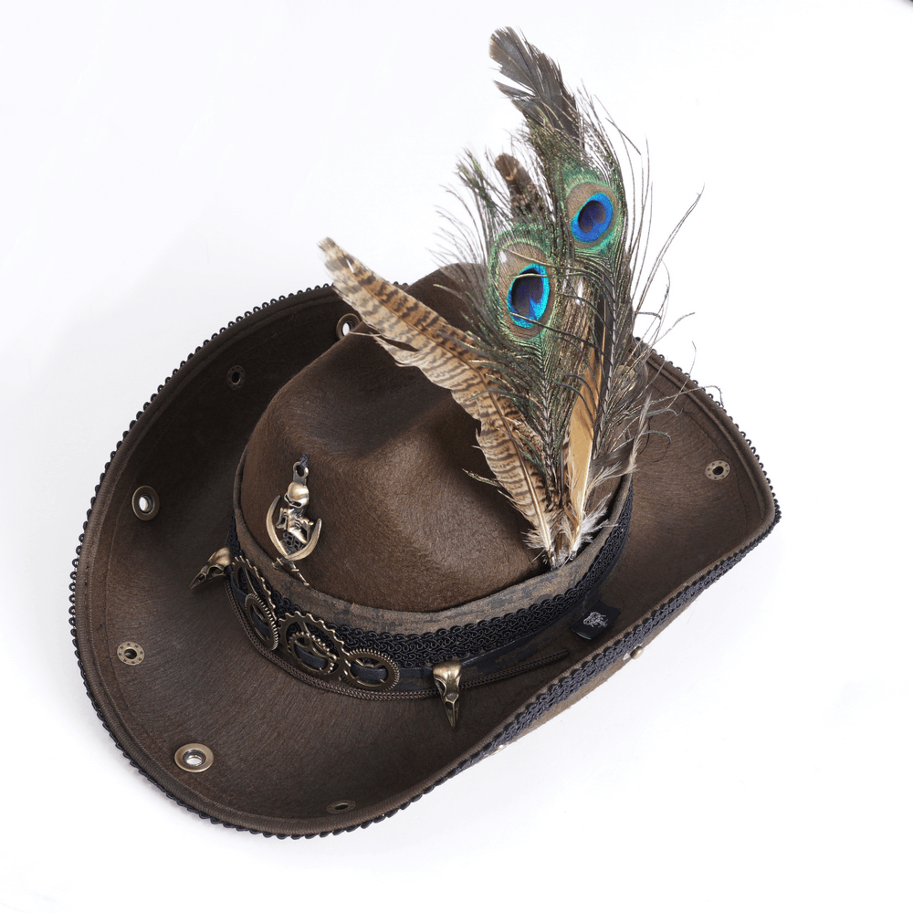Steampunk chic brown hat adorned with gears and peacock feathers, perfect for vintage style enthusiasts.