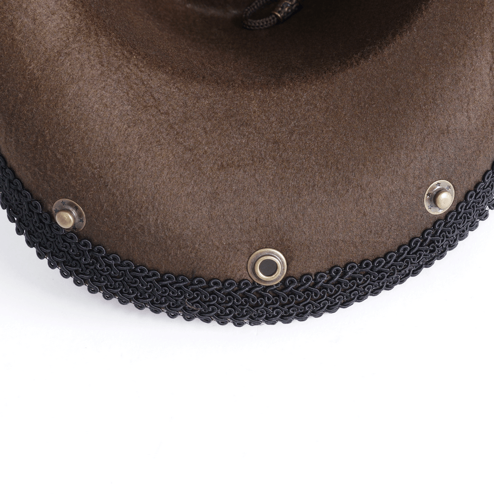 Close-up of a vintage-inspired brown steampunk hat with decorative trim and metallic grommets.