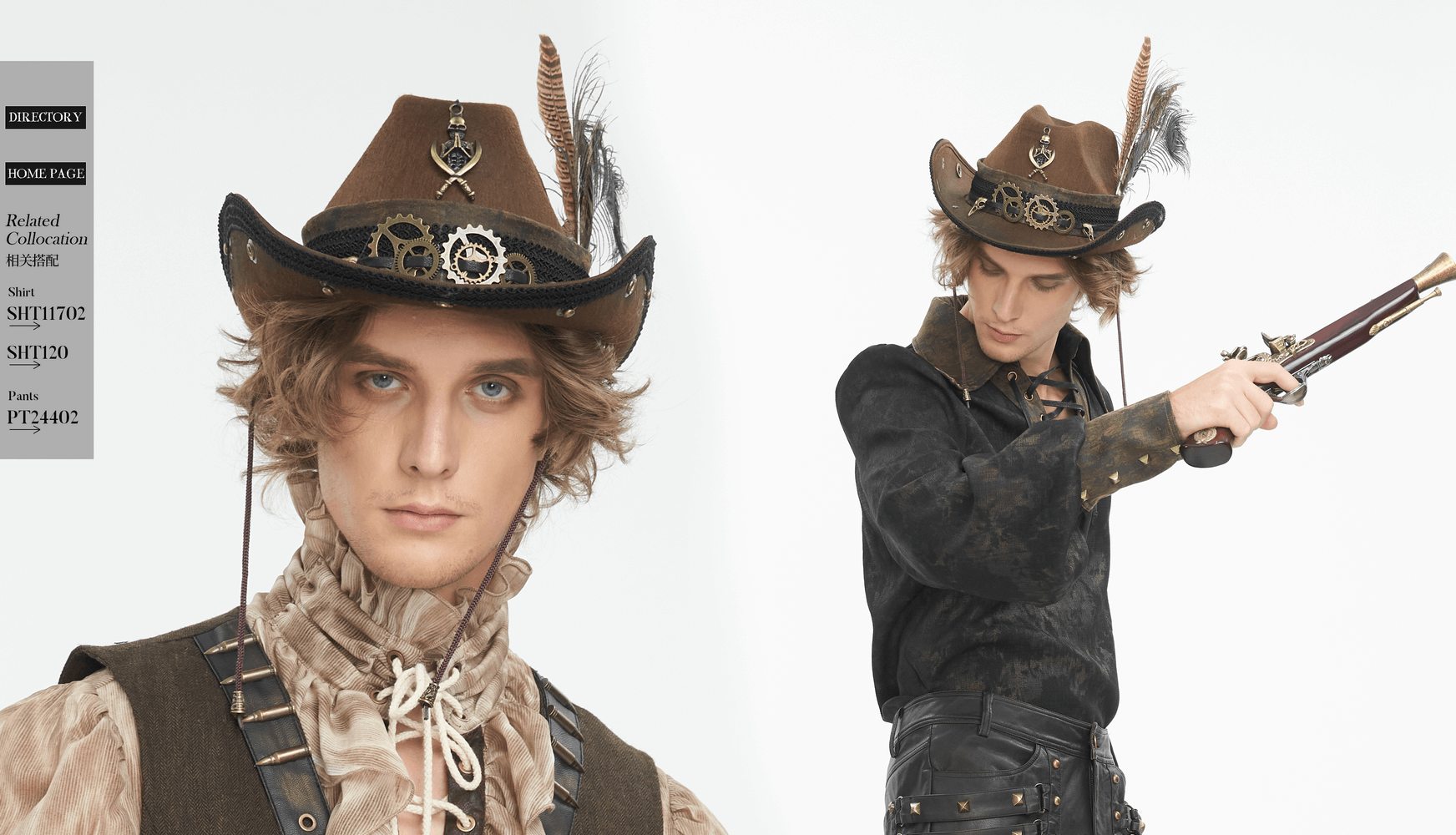 Steampunk chic brown hat with gears and feathers, worn by a model holding a vintage pistol.