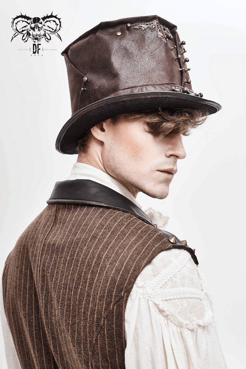 Stylish men's steampunk brown PU leather hat with rivets, adding flair to vintage clothing.