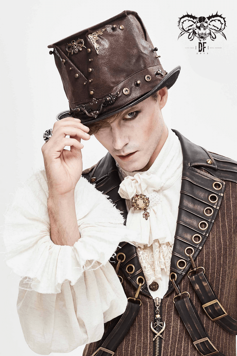 Steampunk devil skull hat with metal rivets, brown PU leather, stylish men's hat for unique outfits.