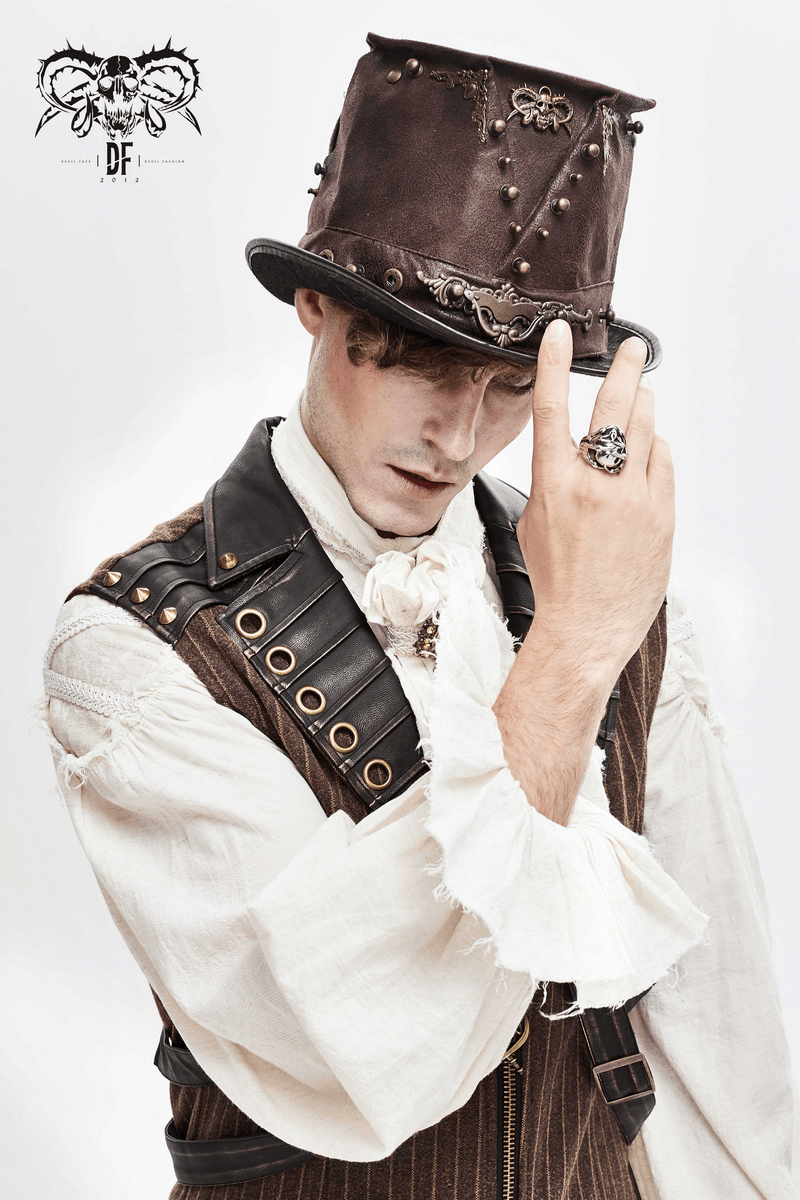 Men's steampunk devil skull hat with bronze rivets, stylish PU leather design, perfect for vintage outfits.
