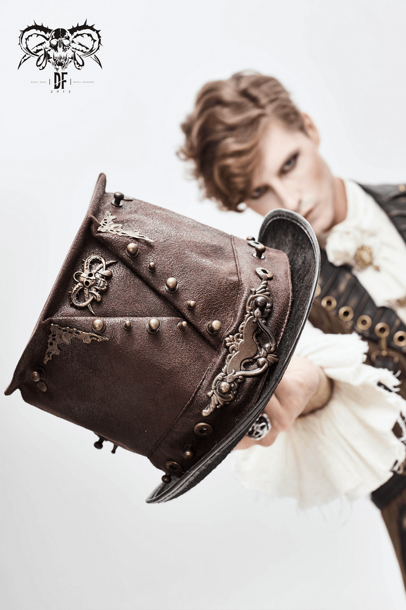 Men's brown PU leather steampunk hat with metal rivets, stylish vintage design for steampunk outfits.