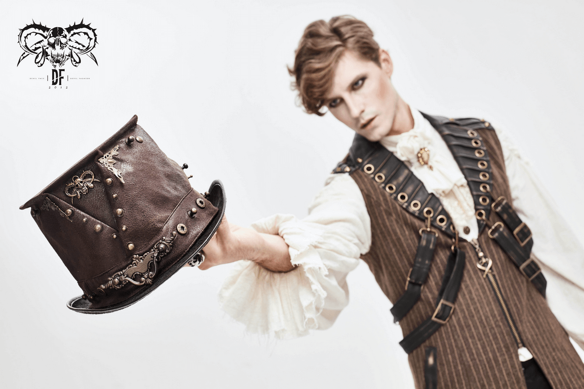 Model showcasing a stylish steampunk devil skull hat with metal rivets, perfect for unique men's fashion.