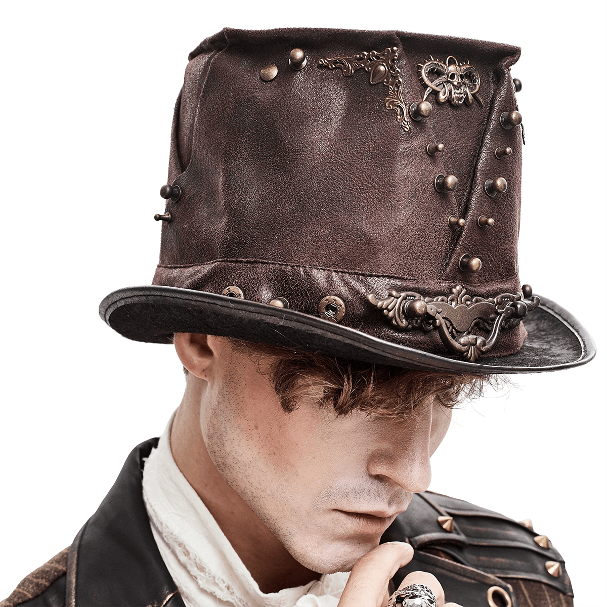 Men's brown PU leather steampunk hat with bronze rivets, perfect for completing your vintage outfit.
