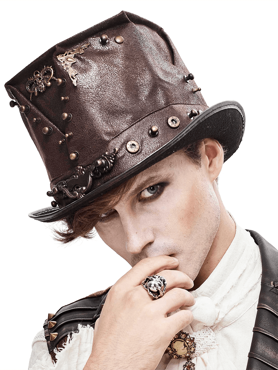 Steampunk devil skull hat in brown PU leather with metal rivets, worn by a stylish male model for unique fashion.