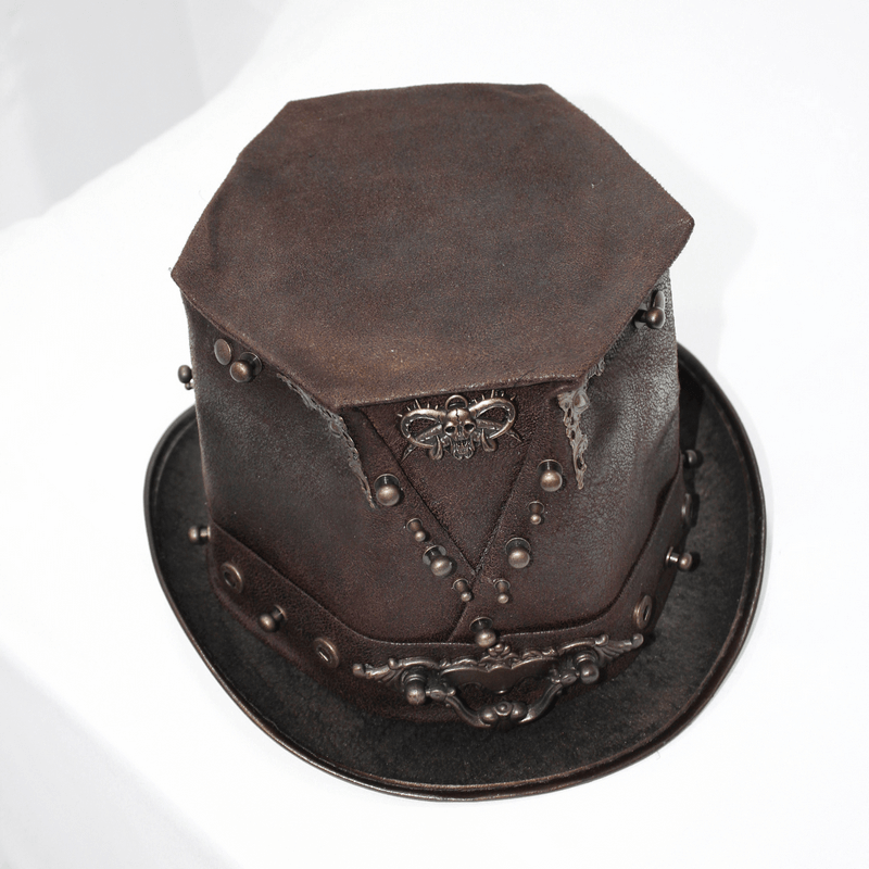 Steampunk devil skull hat in brown PU leather with bronze rivets, perfect for stylish men's steampunk outfits.