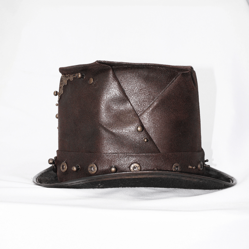 Steampunk devil skull hat in brown PU leather with metal rivets, perfect for stylish men's outfits.