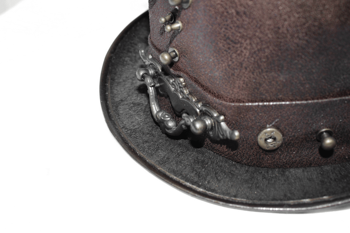 Close-up of a steampunk brown PU leather hat featuring bronze rivets and ornate decor.