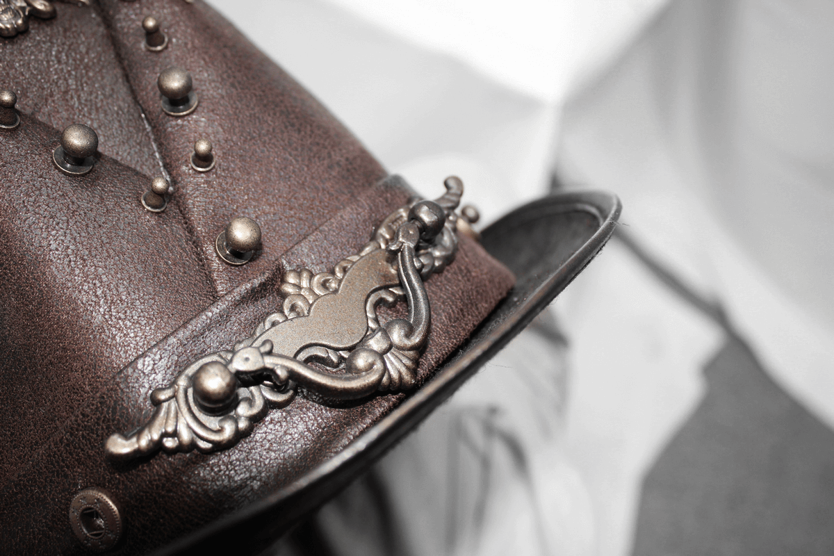 Steampunk devil skull hat with bronze rivets, a stylish men's brown PU leather accessory for unique outfits.