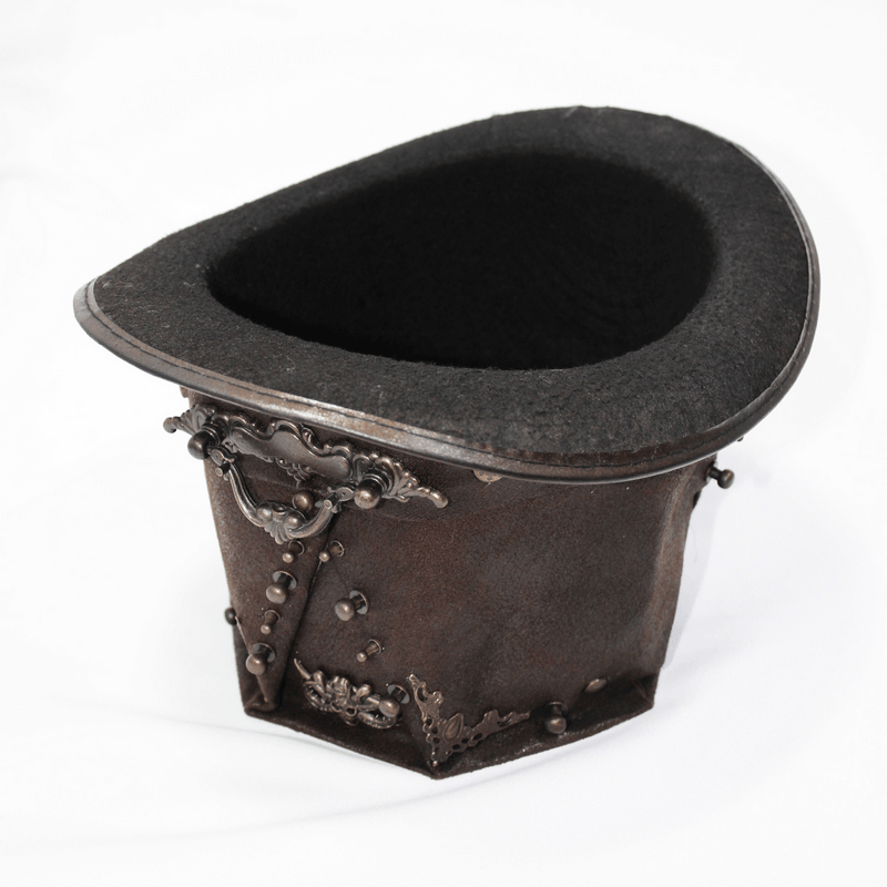 Steampunk devil skull hat, brown PU leather with bronze rivets, perfect for stylish steampunk outfits.