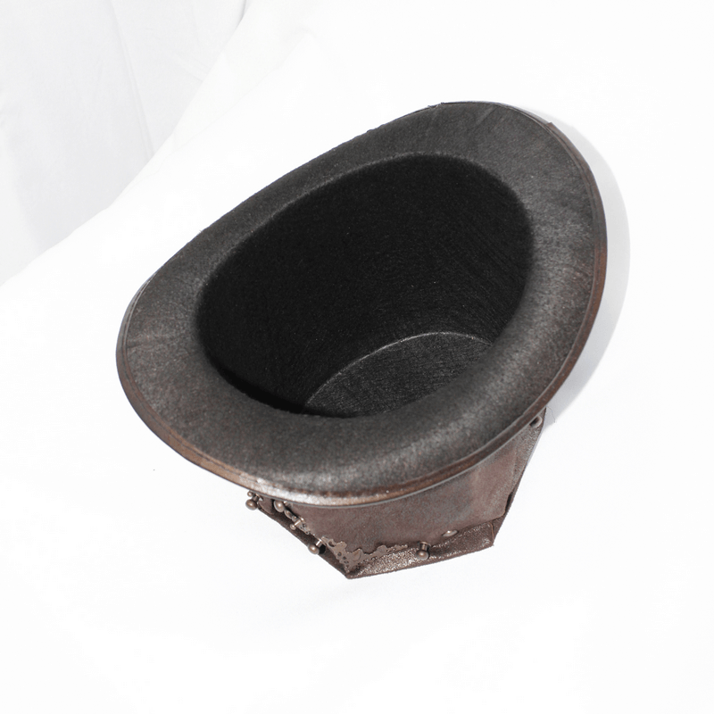 Steampunk devil skull hat made of brown PU leather with bronze rivets and vintage design, perfect for stylish outfits.