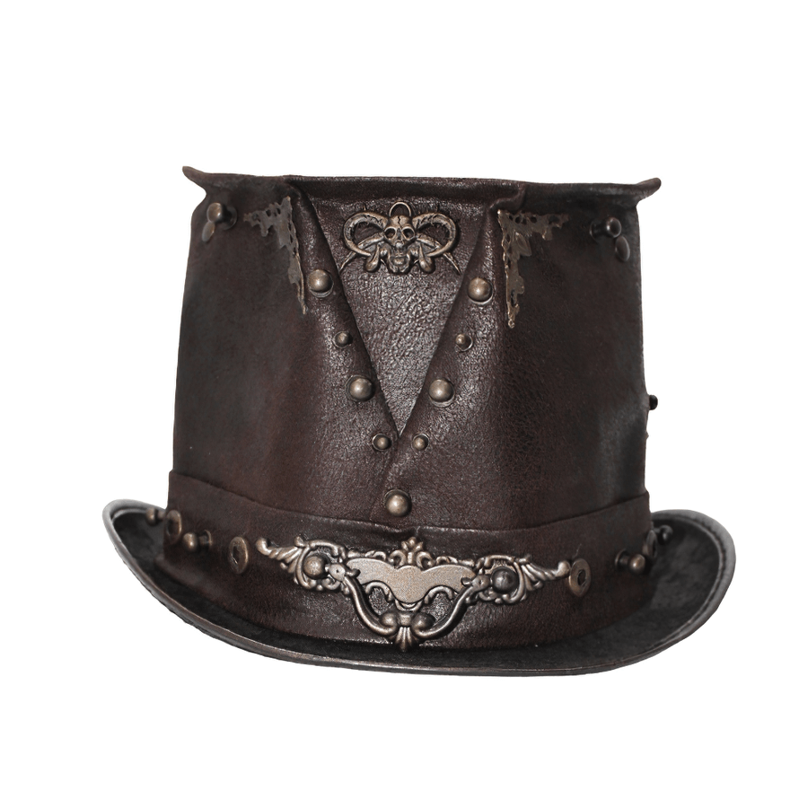 Steampunk devil skull hat with metal rivets, men's brown PU leather vintage style.