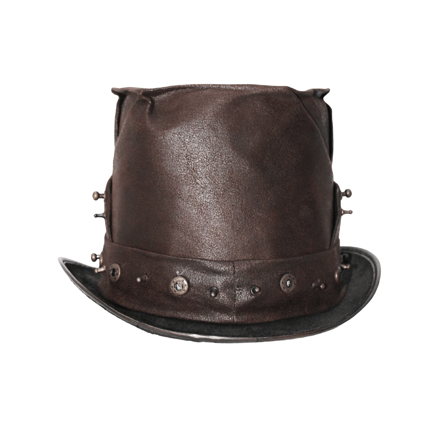 Steampunk devil skull hat made of brown PU leather with bronze rivets, perfect for vintage-style outfits.