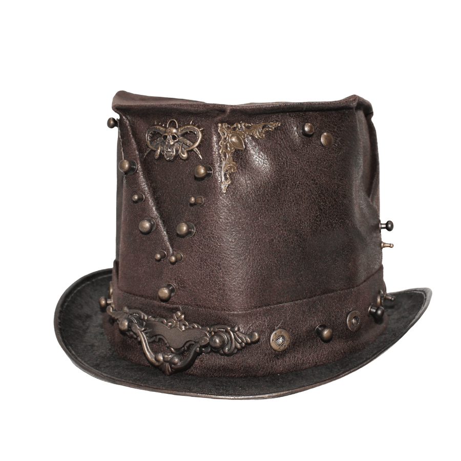 Men's steampunk devil skull hat in brown PU leather with metal rivets and vintage design for stylish outfits.