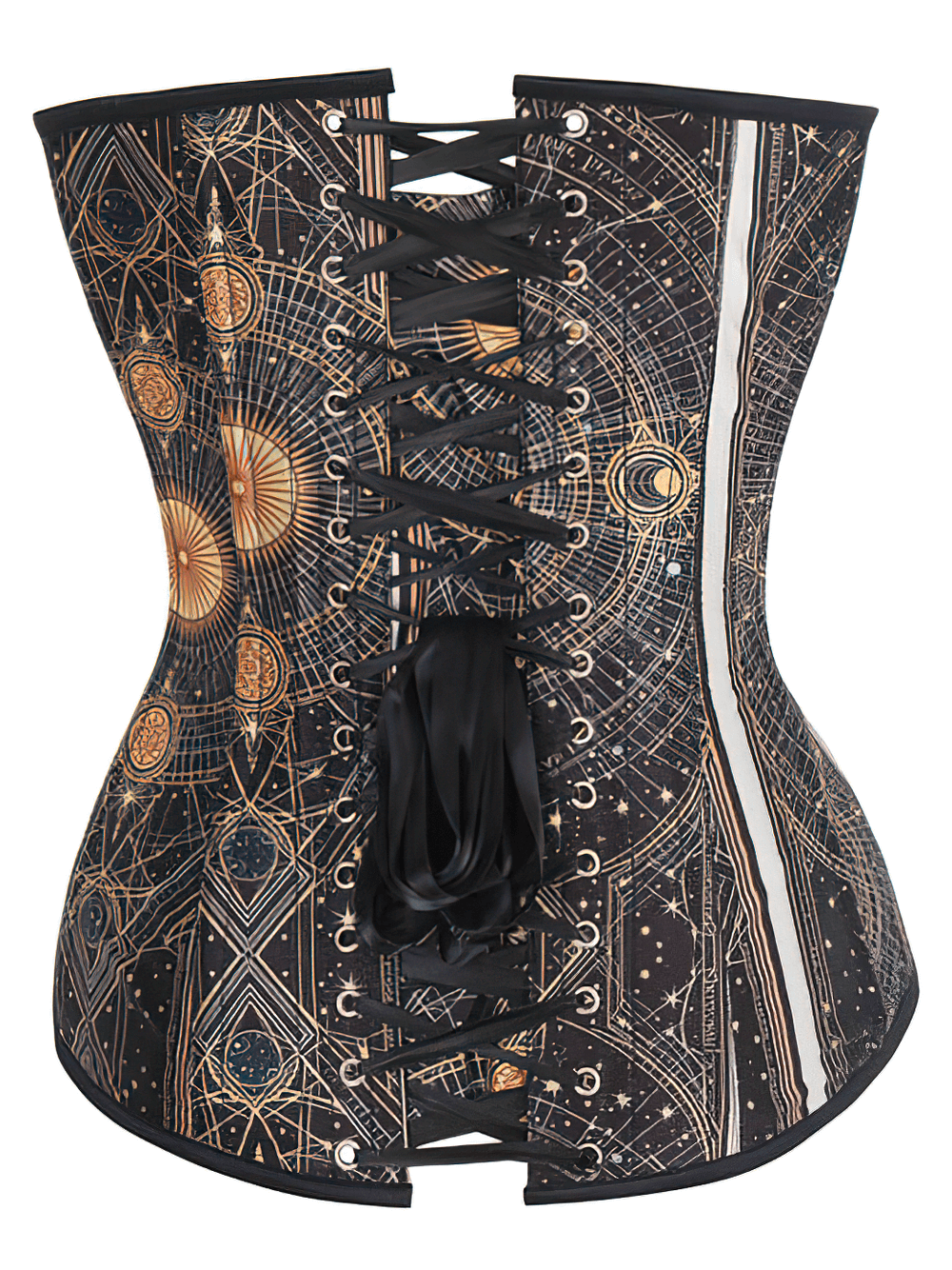 Steampunk digital print taffeta corset with adjustable lacing and starry design, perfect for gothic fashion.