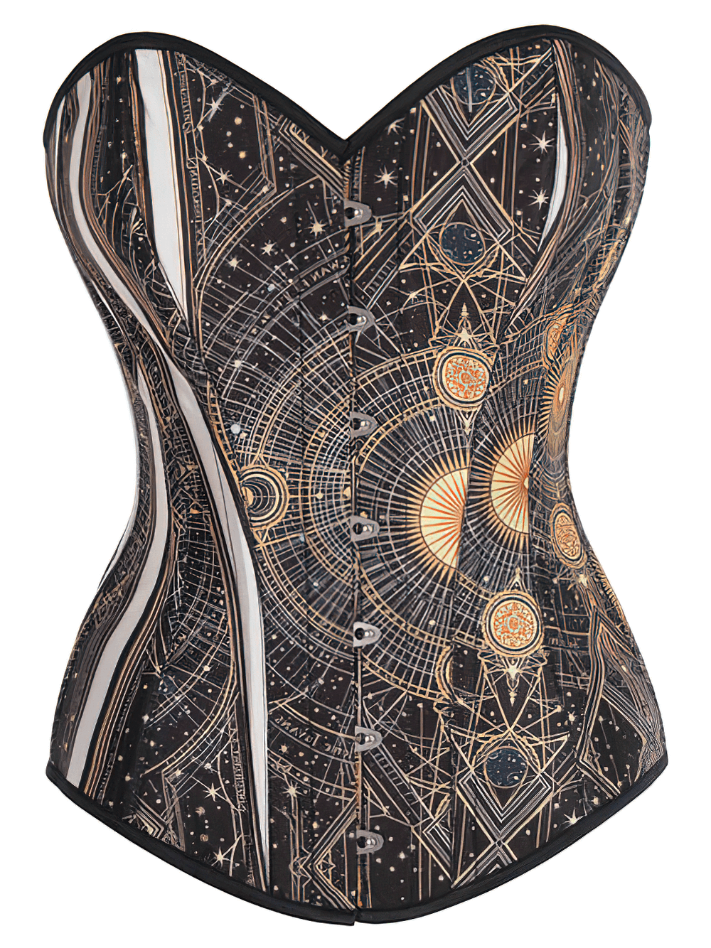 Steampunk digital print taffeta corset with starry design, featuring adjustable lacing and busk closure for a perfect fit.