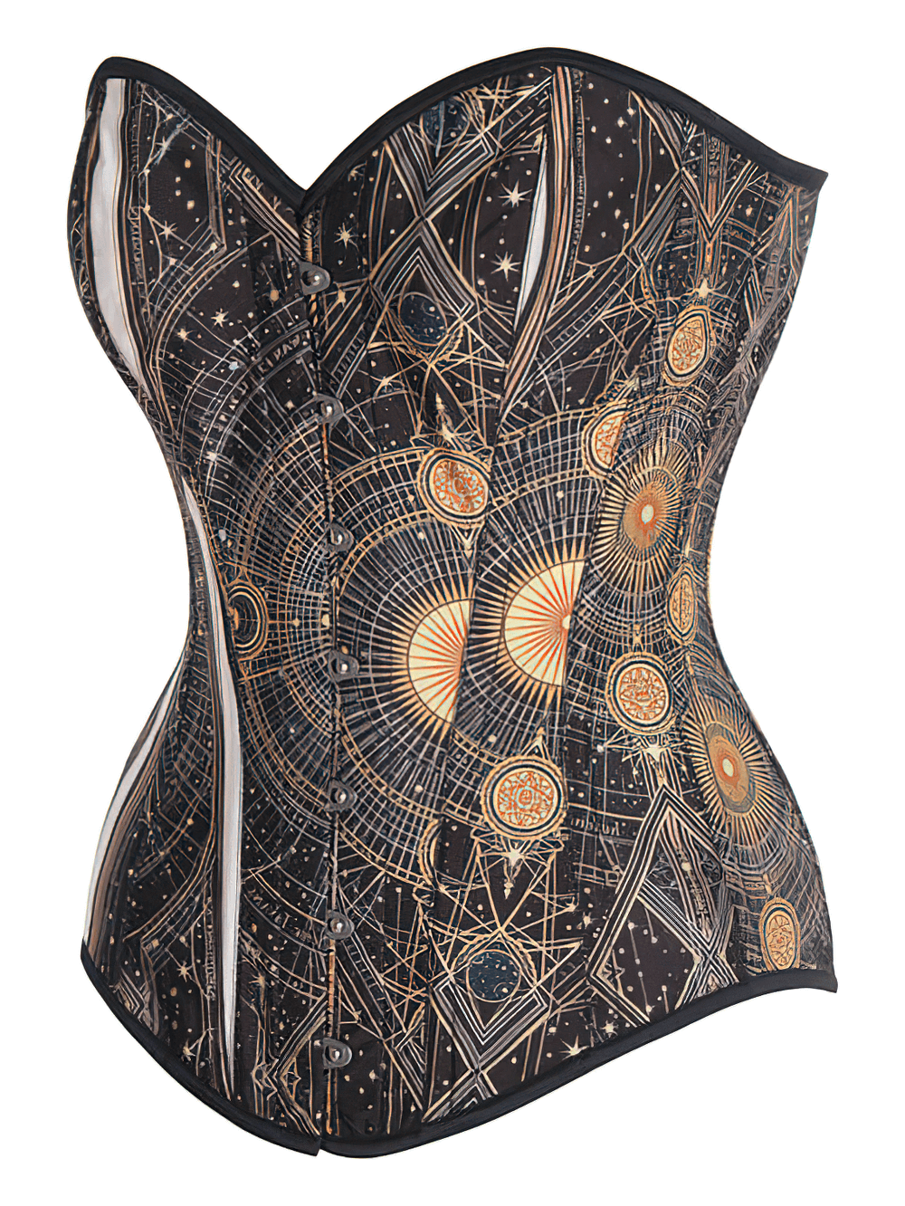 Gothic steampunk taffeta corset with starry digital print, busk and lace closure for a tailored fit.
