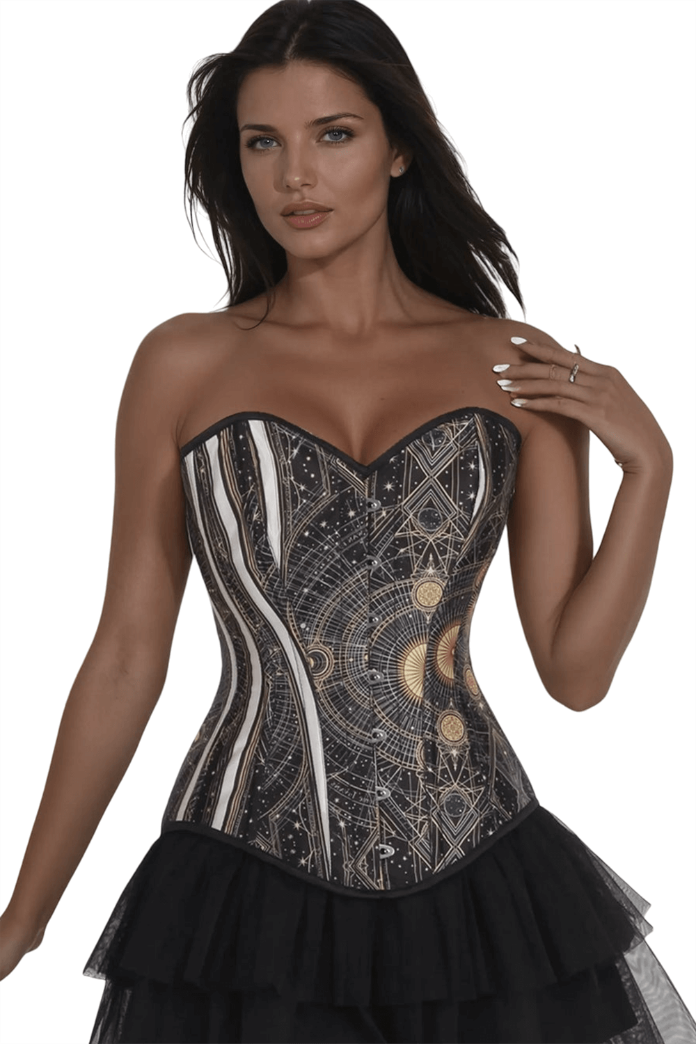 Gothic steampunk digital print taffeta corset with adjustable lacing and starry design, perfect for vintage fashion.
