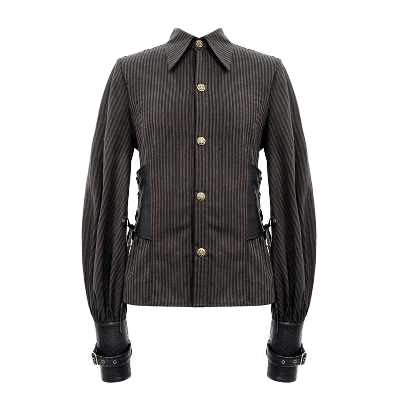 Men's steampunk vintage shirt with striped design and PU leather inserts, perfect for adding flair to your wardrobe.