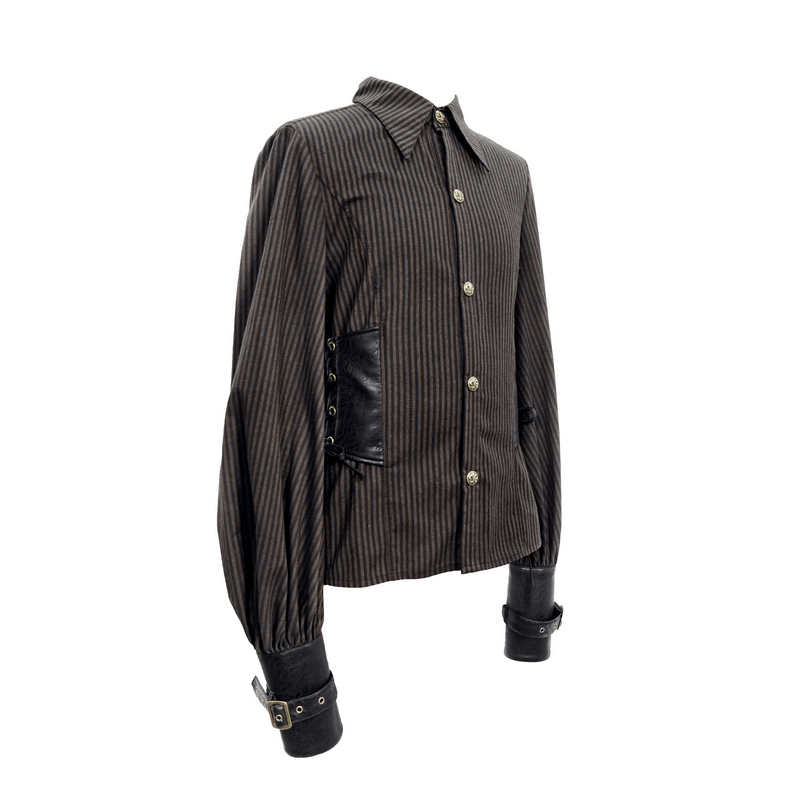 Vintage steampunk men's striped shirt with PU leather inserts and long sleeves, perfect for your retro wardrobe.