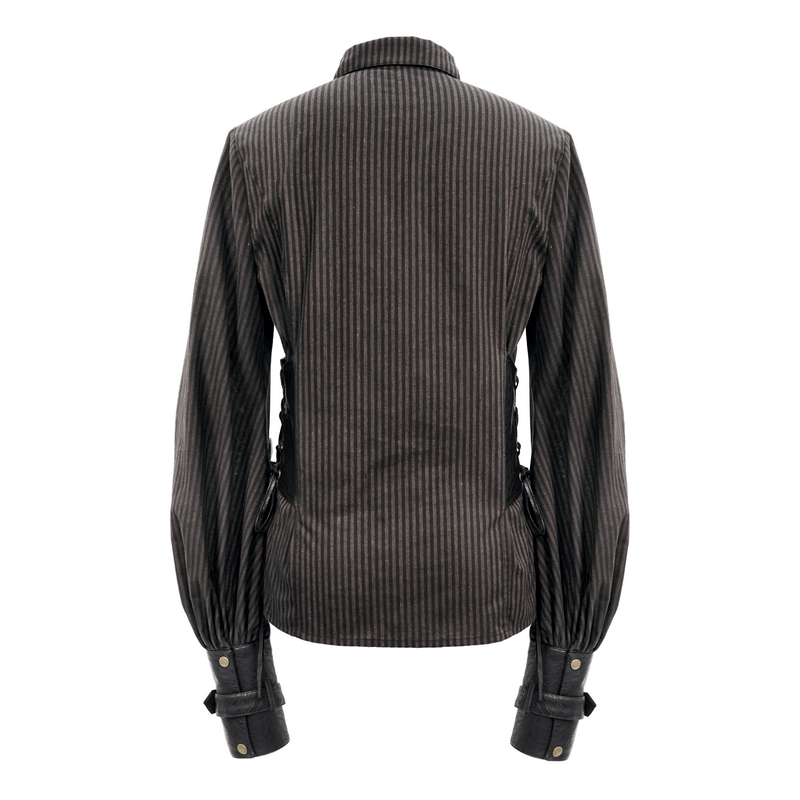 Back view of a vintage steampunk striped shirt for men with PU leather inserts and long sleeves.
