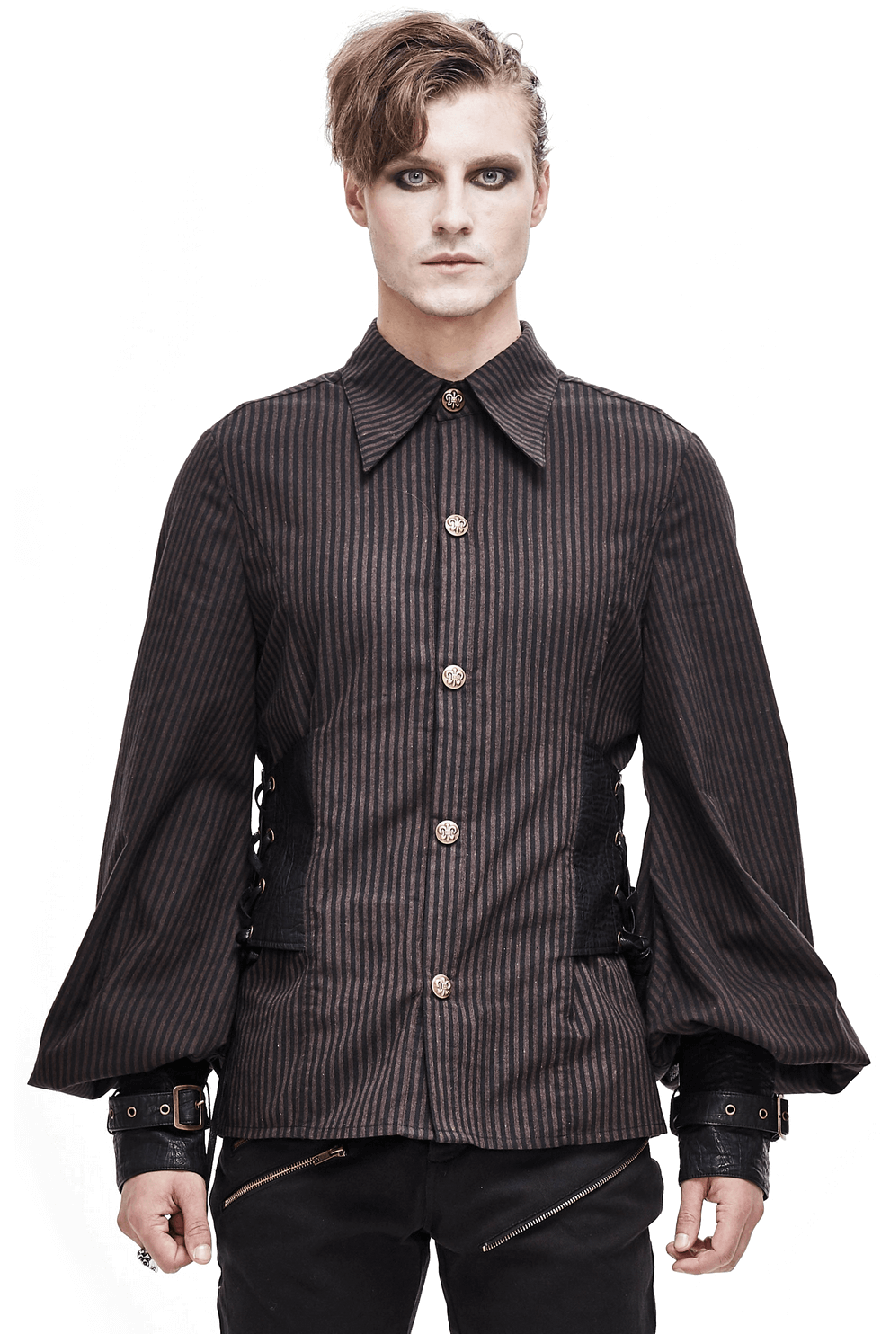 Men's steampunk fashion adjustable cuff striped shirt with PU leather inserts and vintage design.