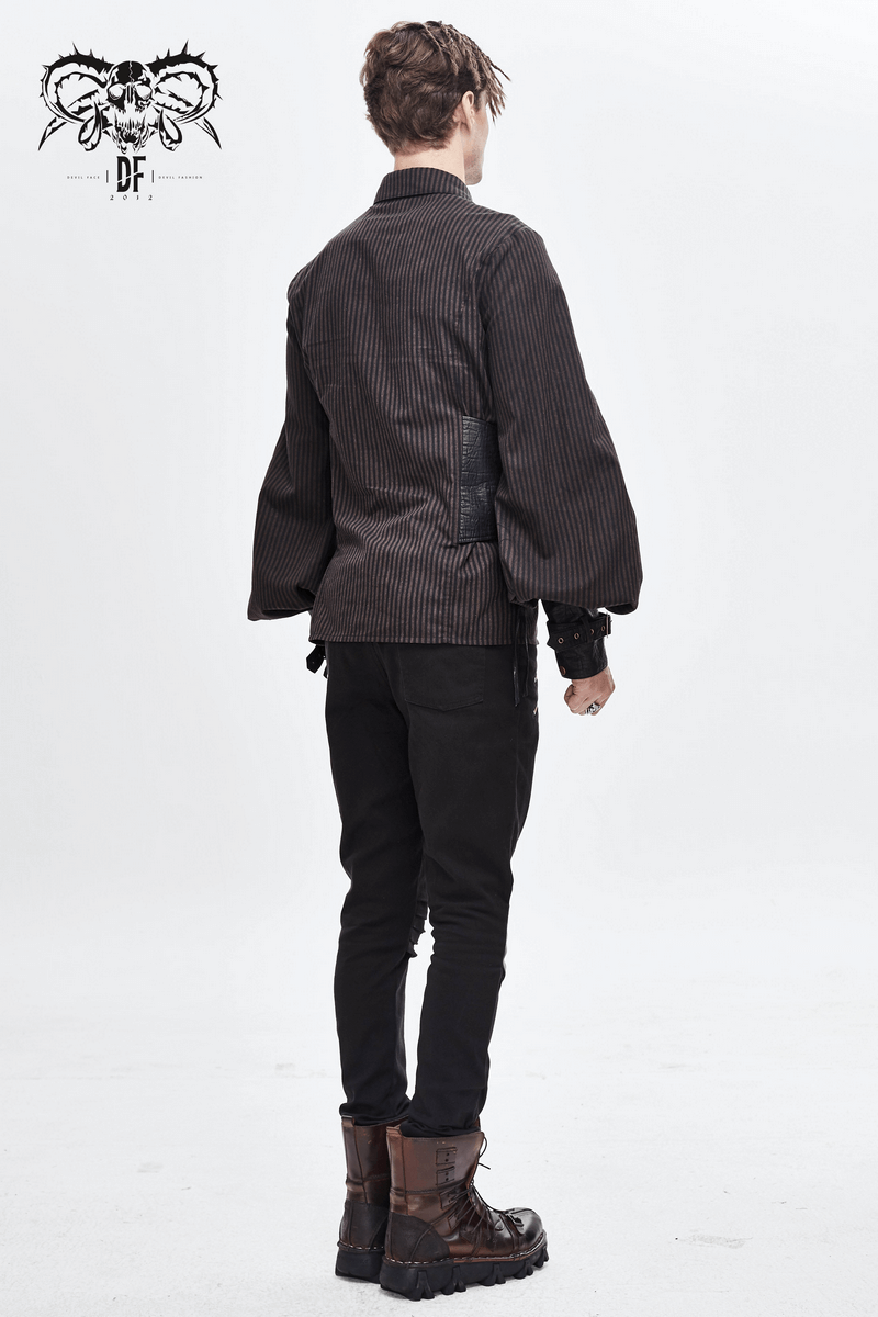 Back view of a model wearing a vintage steampunk striped shirt with long sleeves and stylish pants.