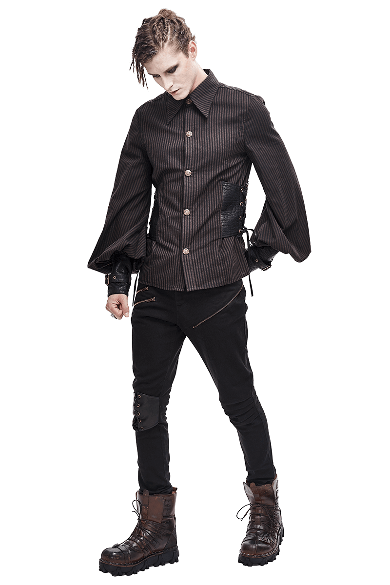 Steampunk Fashion Adjustable Cuff Striped Shirt / Vintage Long Sleeve Shirts - HARD'N'HEAVY