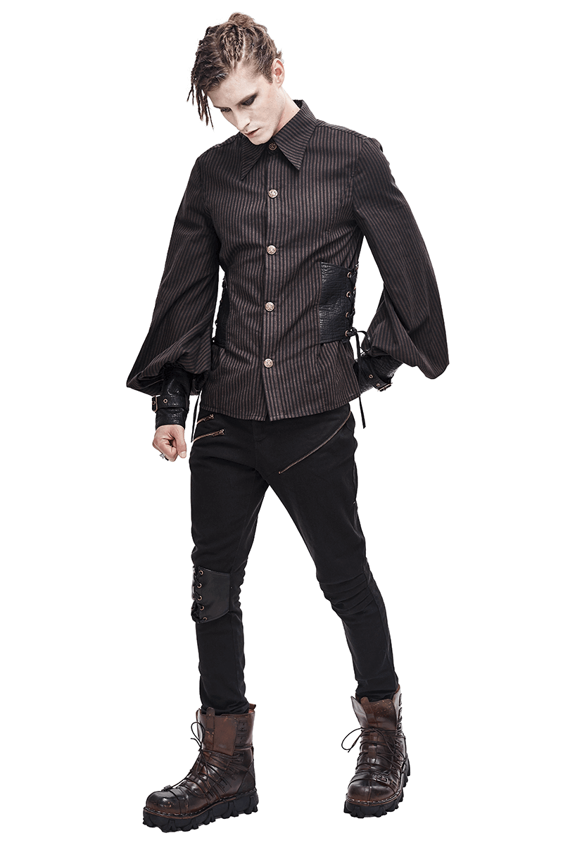 Model showcasing steampunk fashion adjustable cuff striped shirt with PU leather accents and stylish boots.