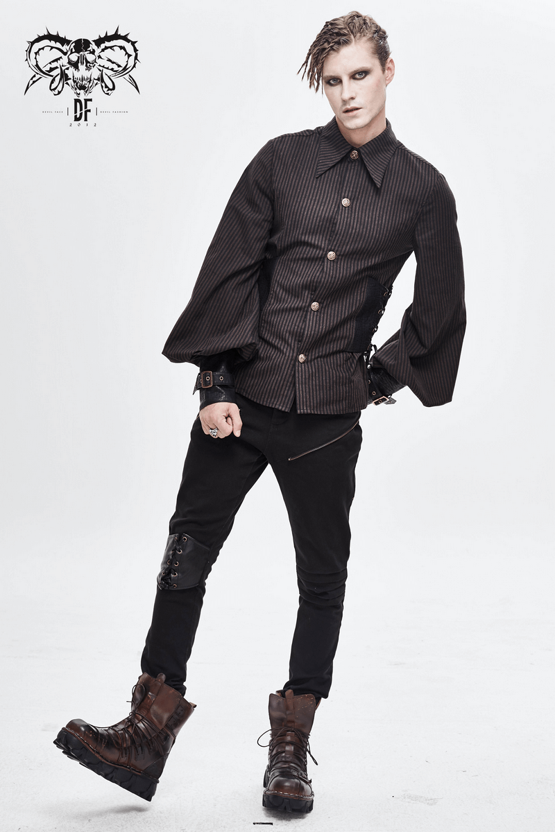 Model in a steampunk vintage striped shirt with PU leather details, paired with black pants and stylish combat boots, showcasing unique fashion.