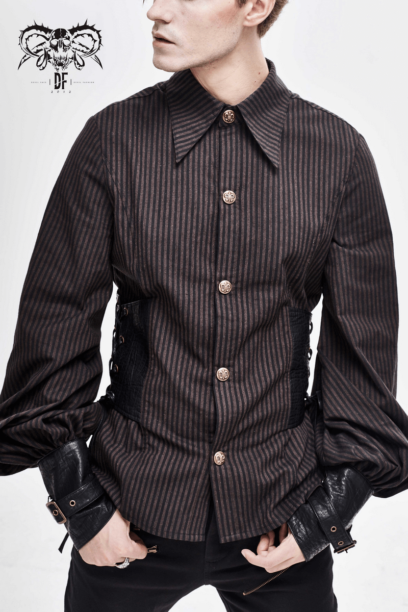 Steampunk fashion men's vintage shirt with striped design and PU leather inserts, perfect for a stylish wardrobe.