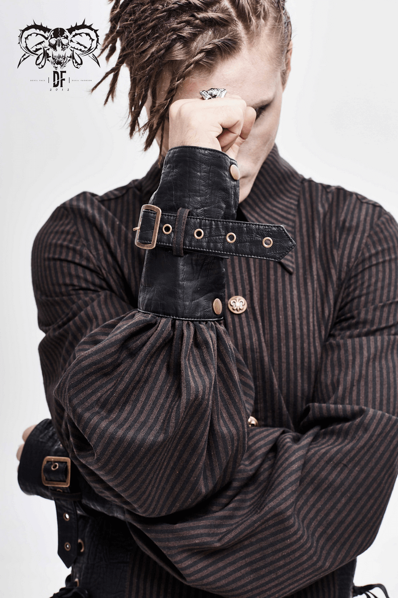 Model wearing a vintage steampunk striped shirt with PU leather inserts and dramatic sleeves.