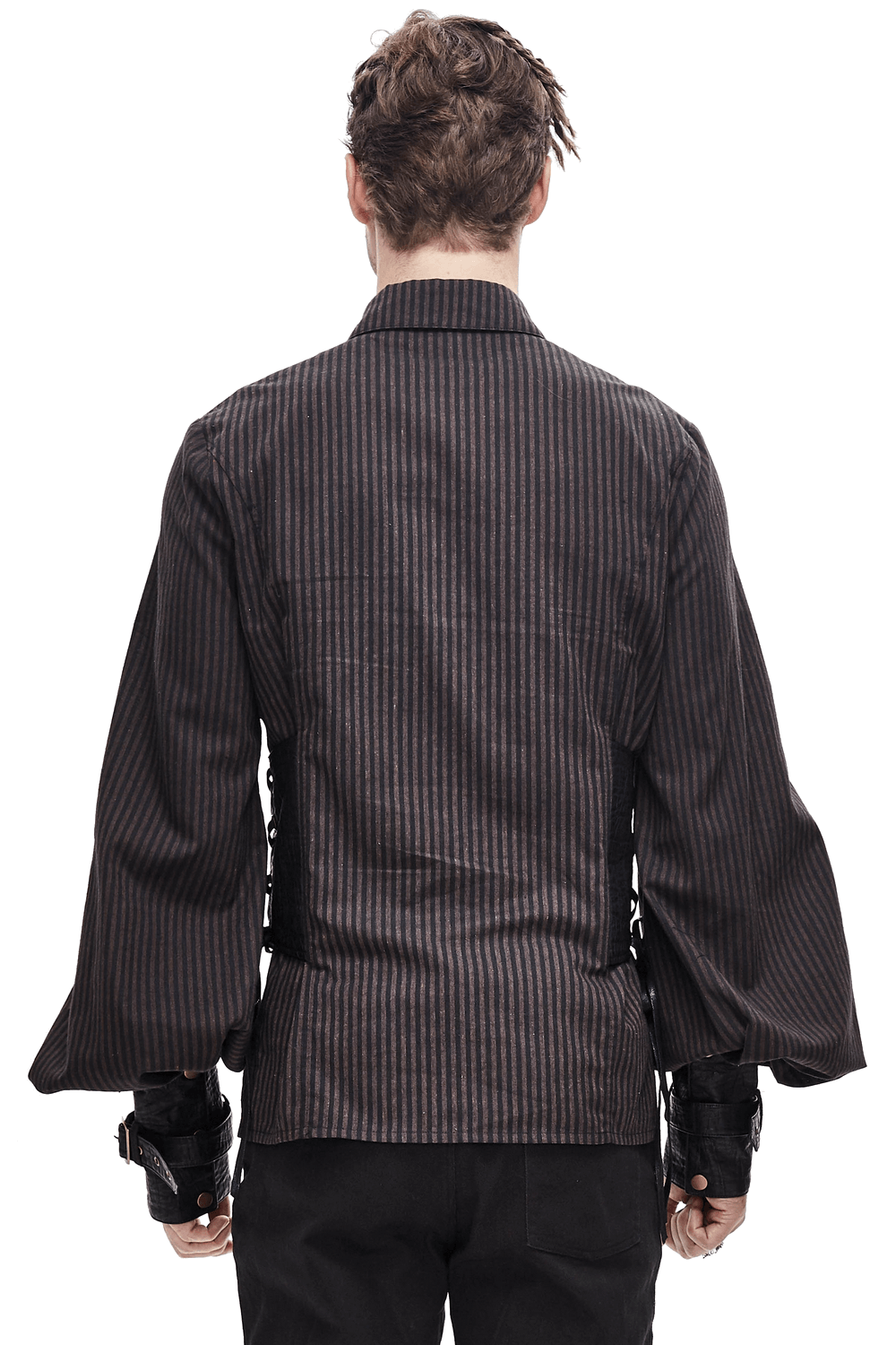 Back view of men's vintage steampunk striped cuff shirt with PU leather inserts, perfect for a unique wardrobe.
