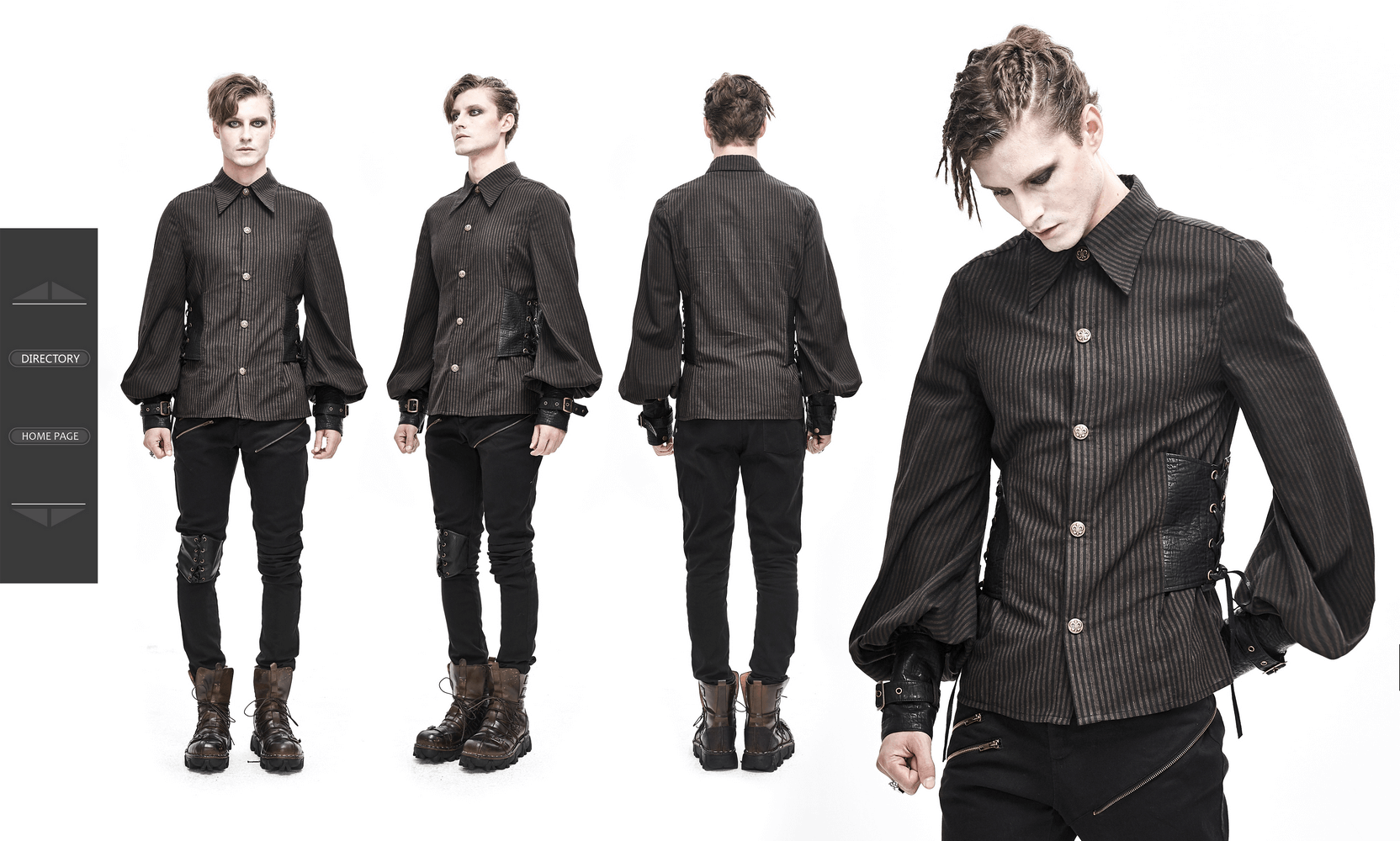 Men's steampunk fashion vintage striped shirt with PU leather details, showcasing a retro cut and unique style.