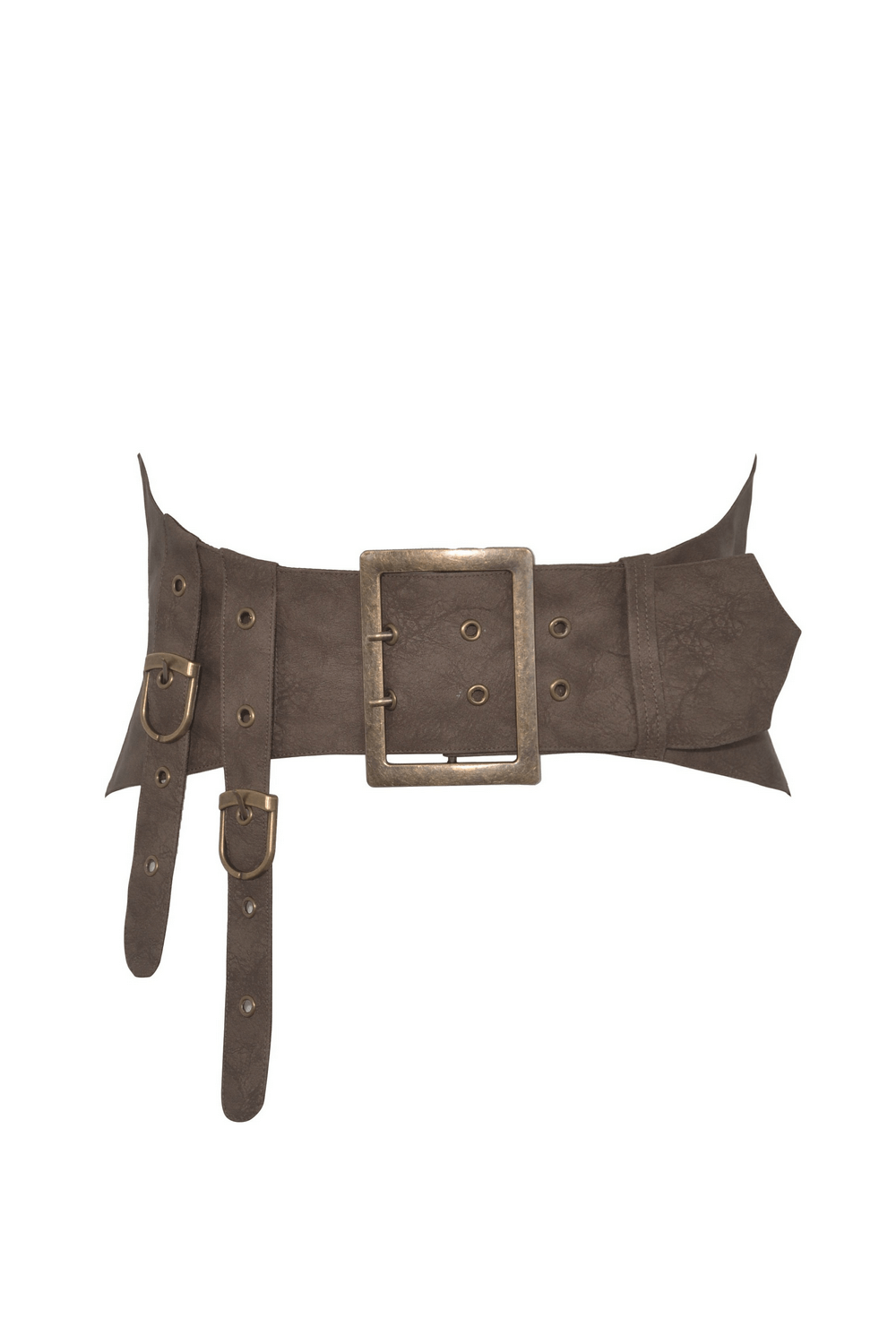 Steampunk brown faux leather corset belt with double buckle and vintage eyelets for a stylish waist accent.
